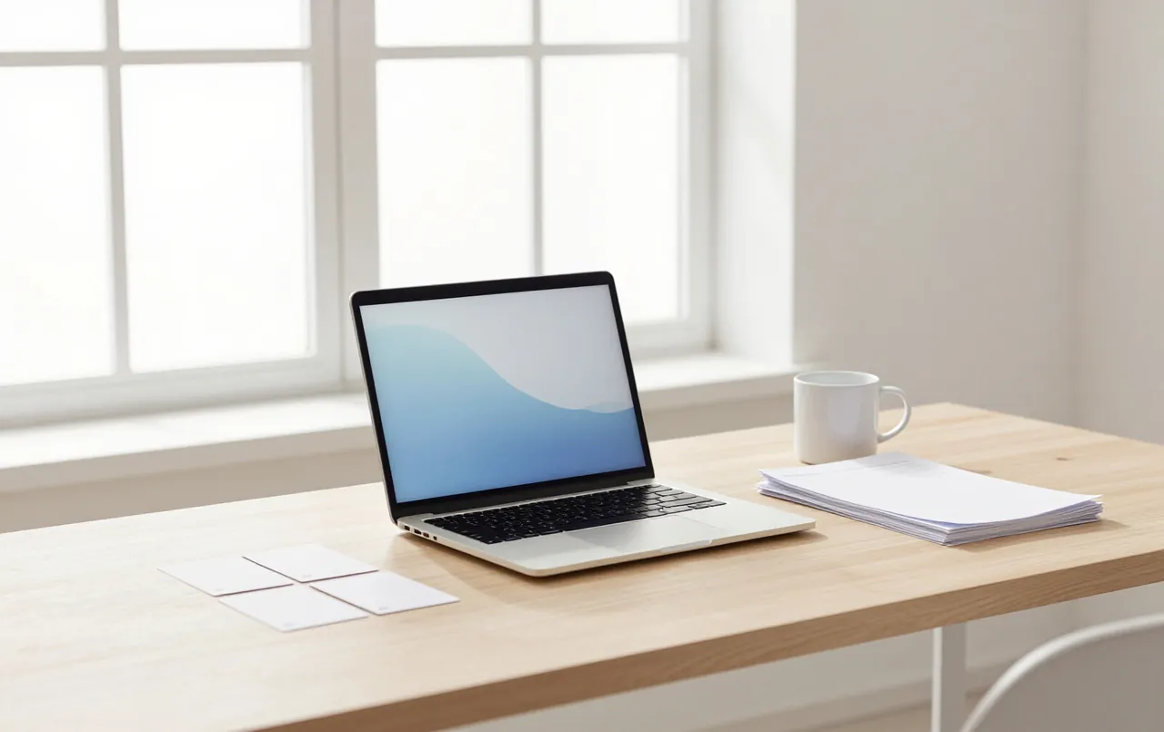 A bright desk by a window with a laptop, a stack of paper and a few blank index cards