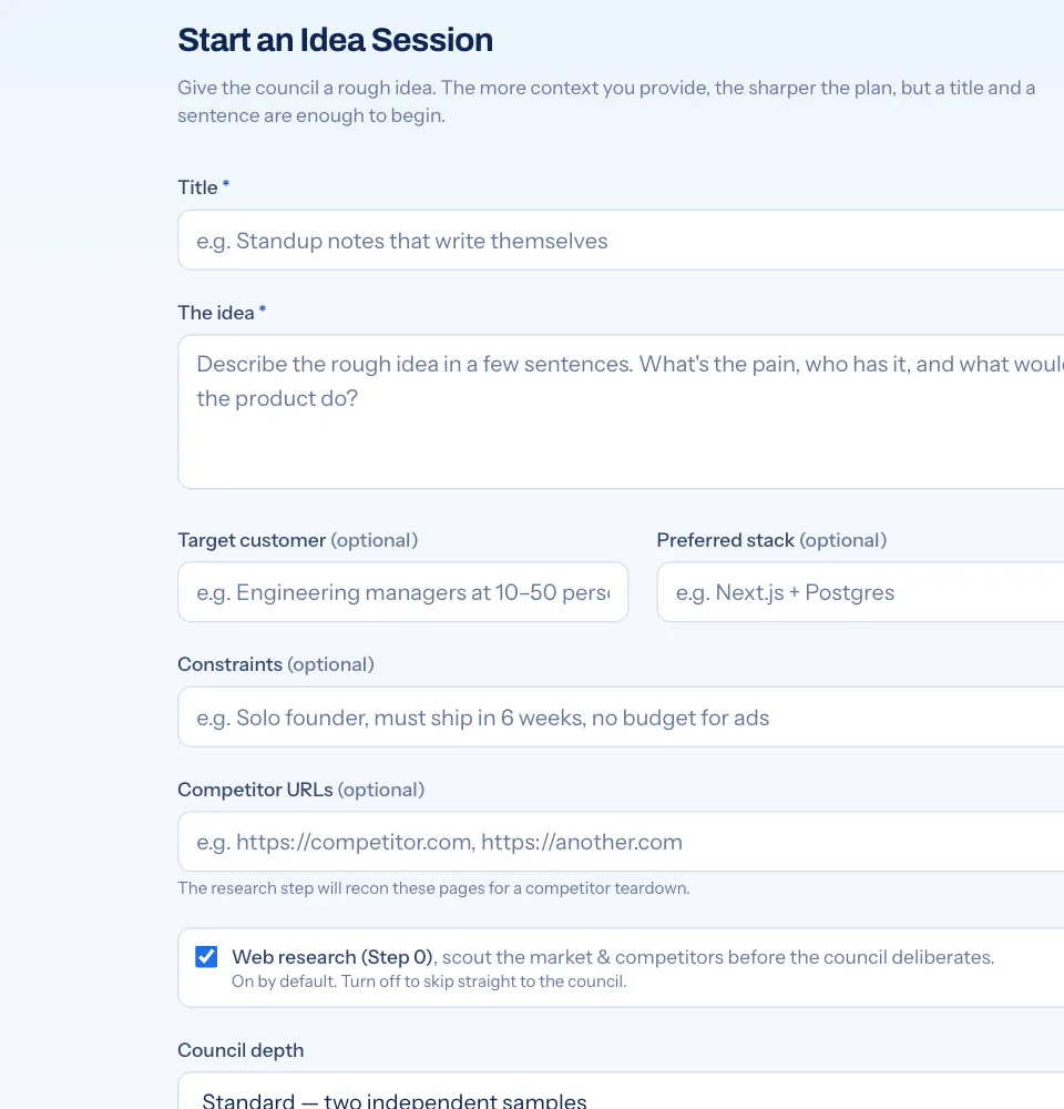 The IdeaClyst app: the Start an Idea Session form with title, idea, target customer, web research step and council depth
