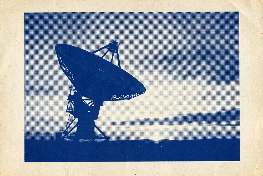 Radio telescope scanning for market signals, printed in cobalt halftone
